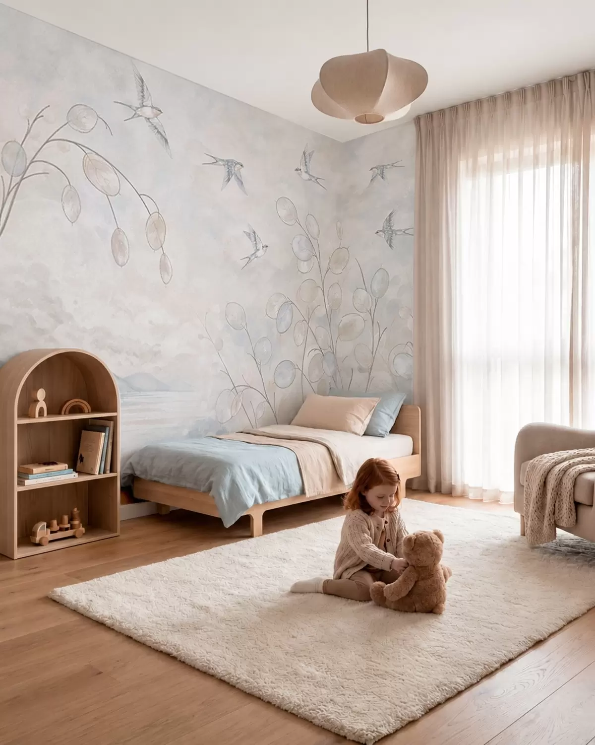 wall murals Swallows among delicate plants against a lake and mountains w05892