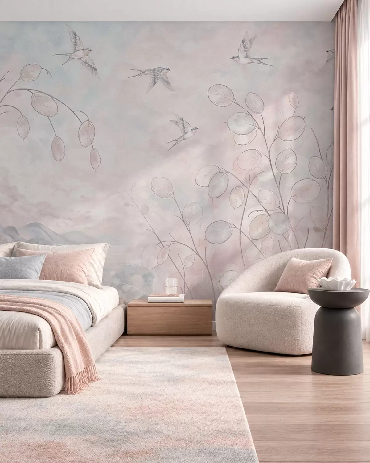 wall murals Swallows and delicate plants in pastel shades w05892v1