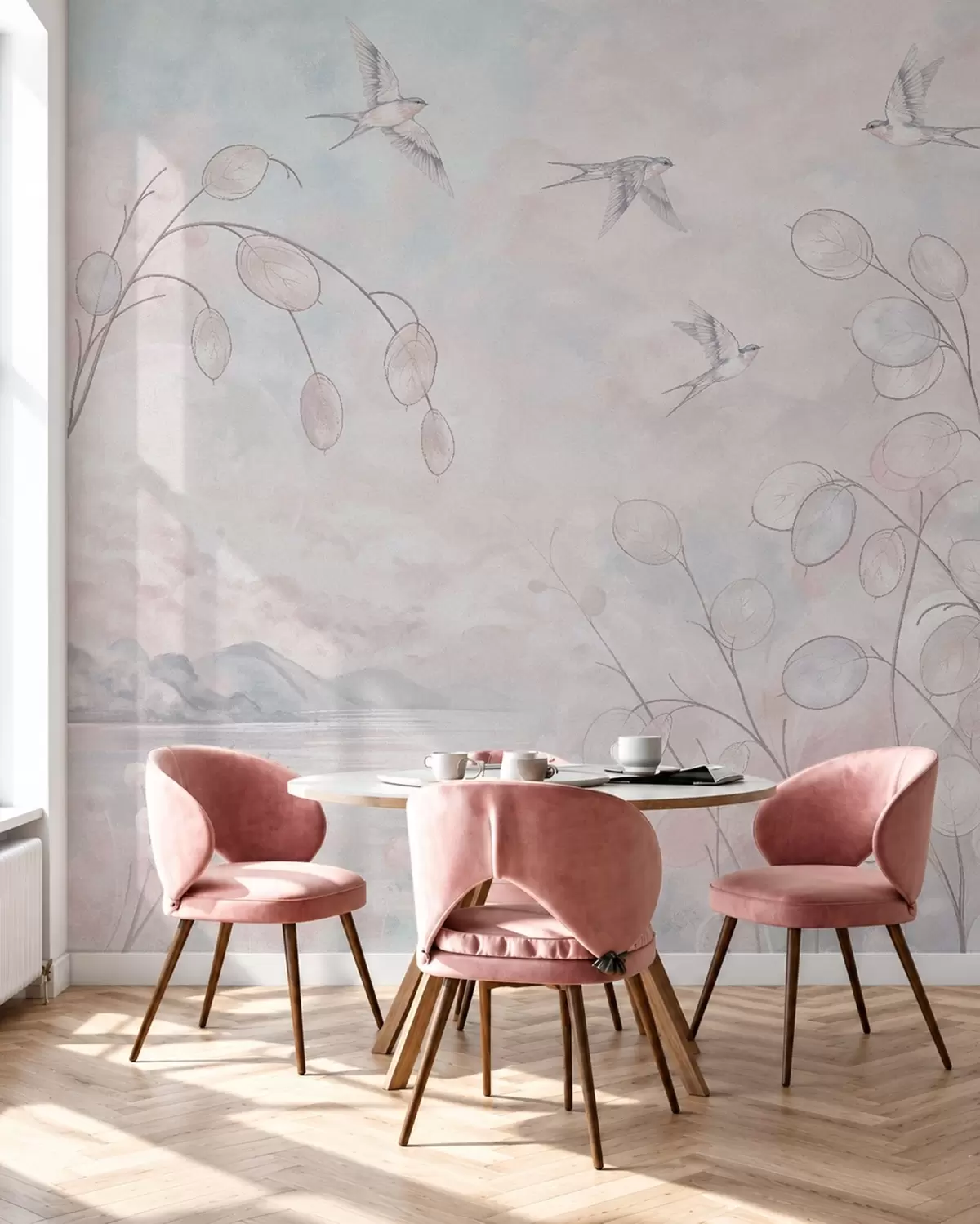 wall murals Swallows and delicate plants in pastel shades w05892v1