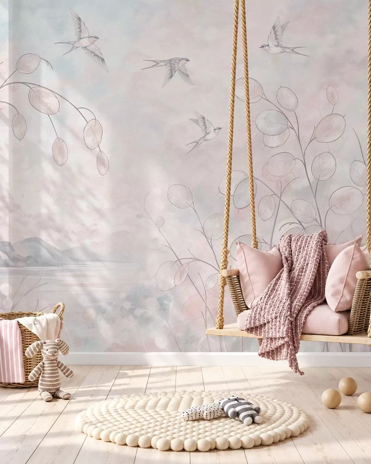 wall murals Swallows and delicate plants in pastel shades w05892v1