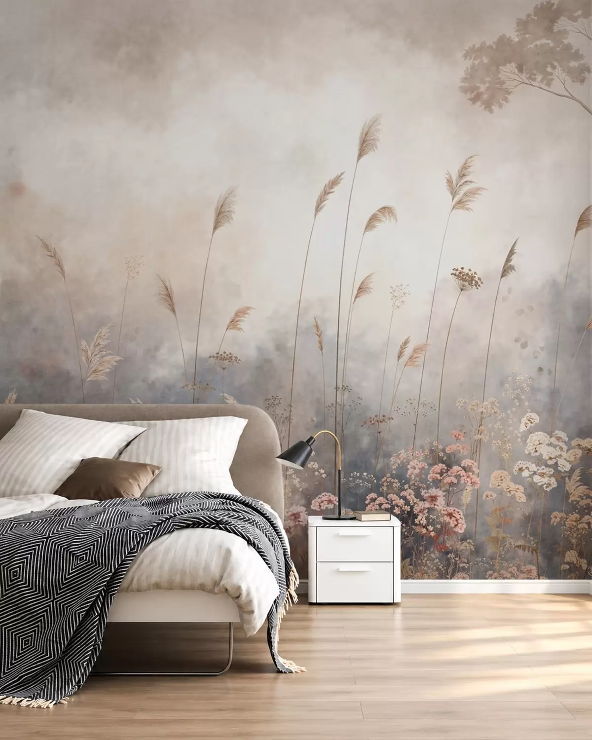 wall murals Wildflowers and tall grasses in a misty landscape w05959