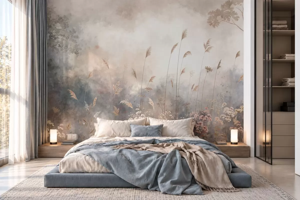 wall murals Wildflowers and tall grasses in a misty landscape w05959