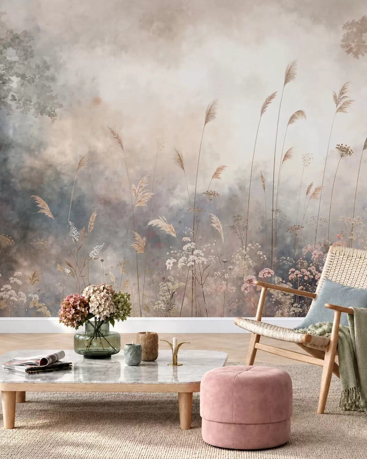 wall murals Wildflowers and tall grasses in a misty landscape w05959