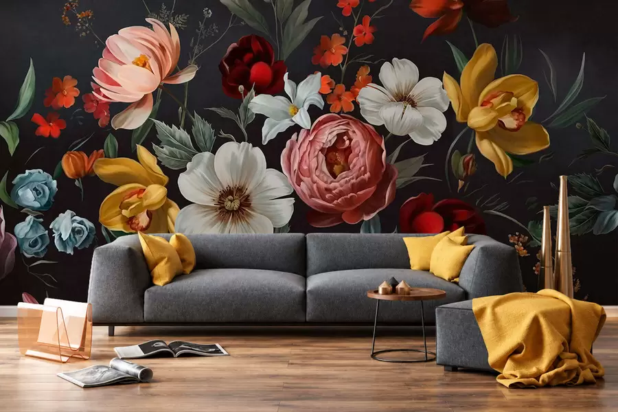 wall murals Lush arrangement of colorful flowers on a dark background w05960