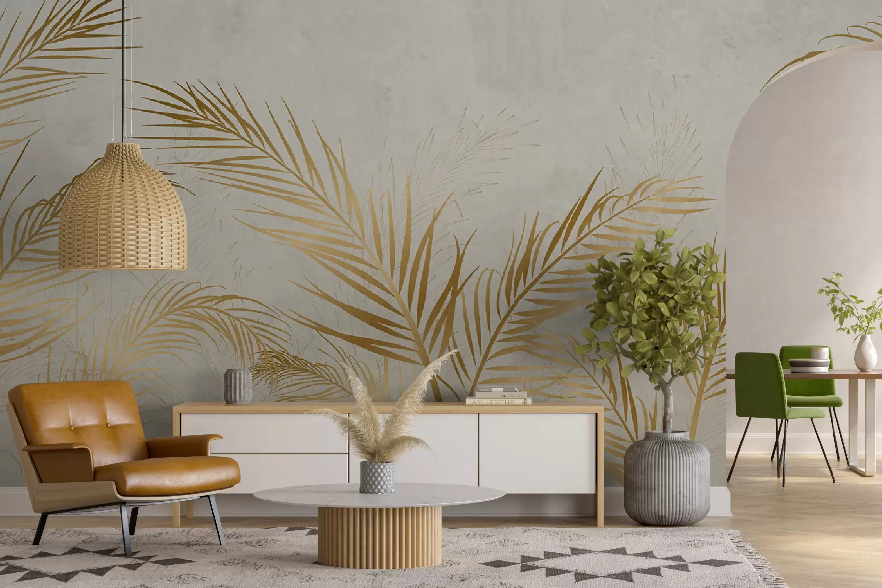 wall murals Yellow palm fox on a gray background, fern leaves u72114