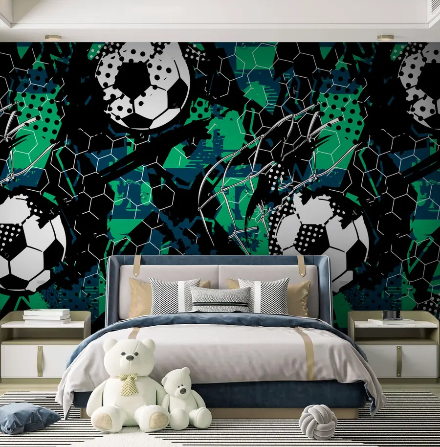 wall murals Black-green abstraction and football balls u73014