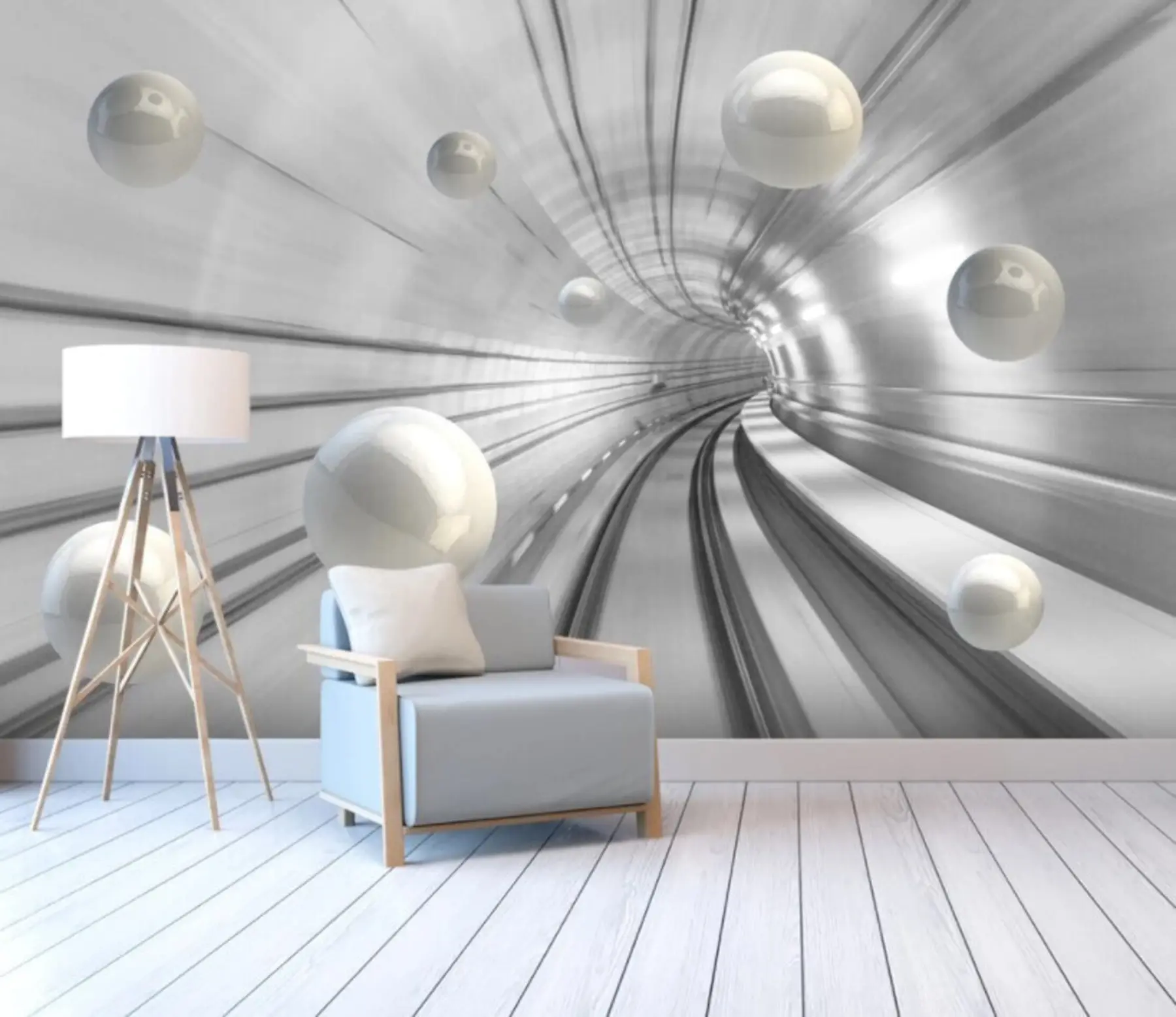 wall murals Tunnel with glossy spheres u17532