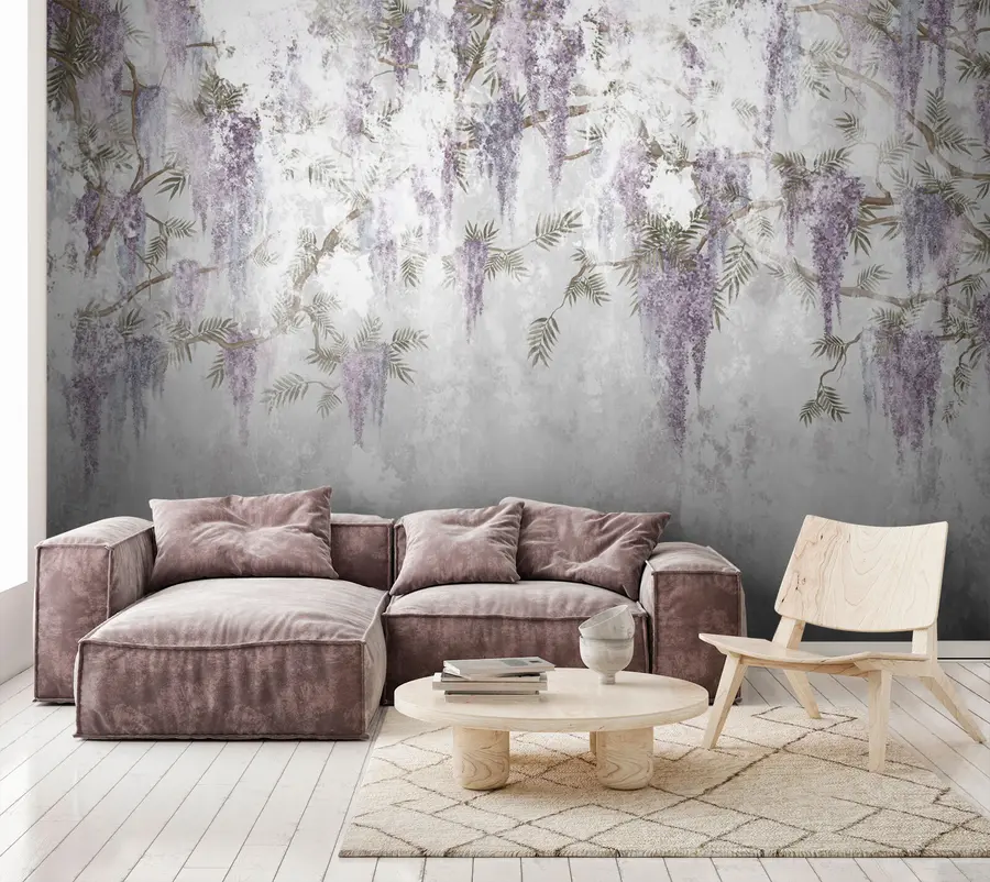 wall murals Hanging trendy grunge branches with purple flowers u73816