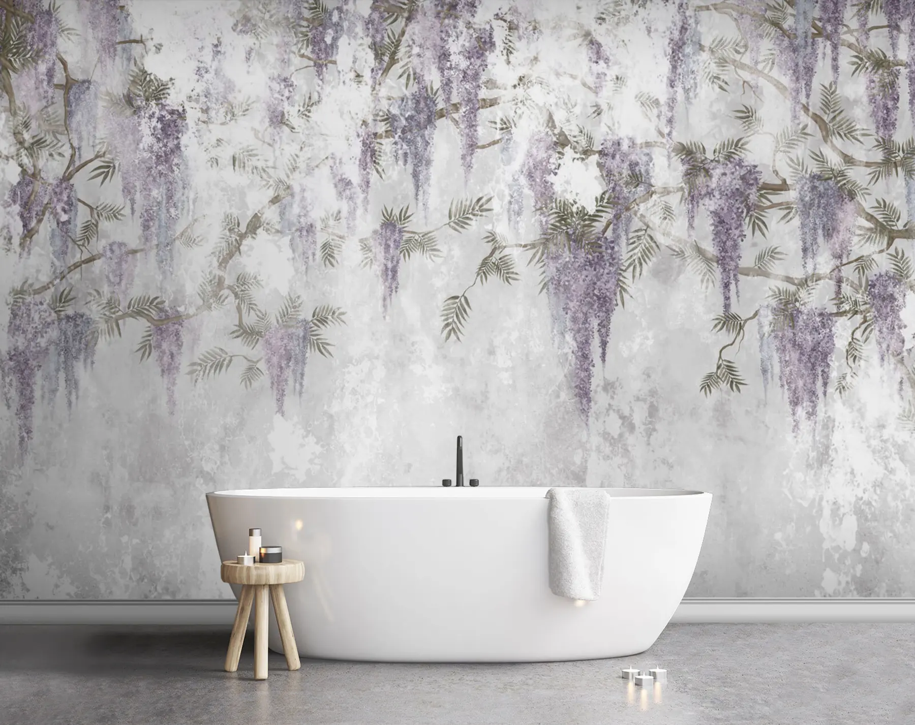 wall murals Hanging trendy grunge branches with purple flowers u73816