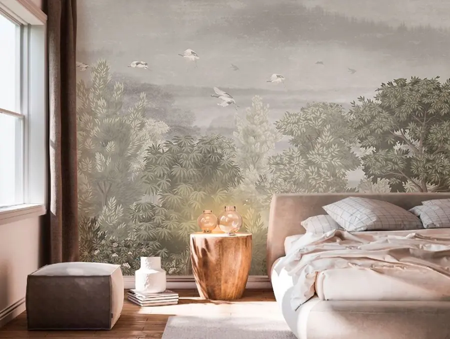 wall murals Cranes fly over the forest u73553