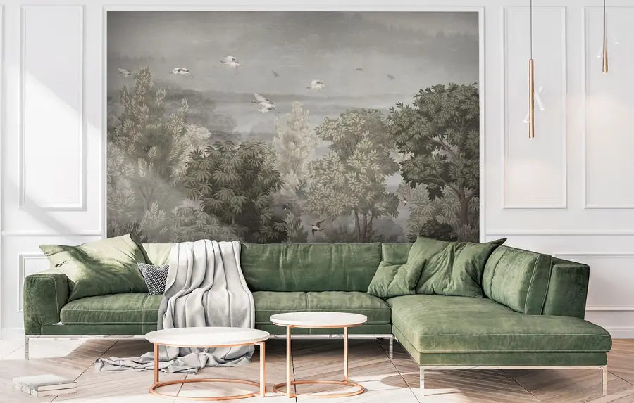 wall murals Cranes fly over the forest u73553