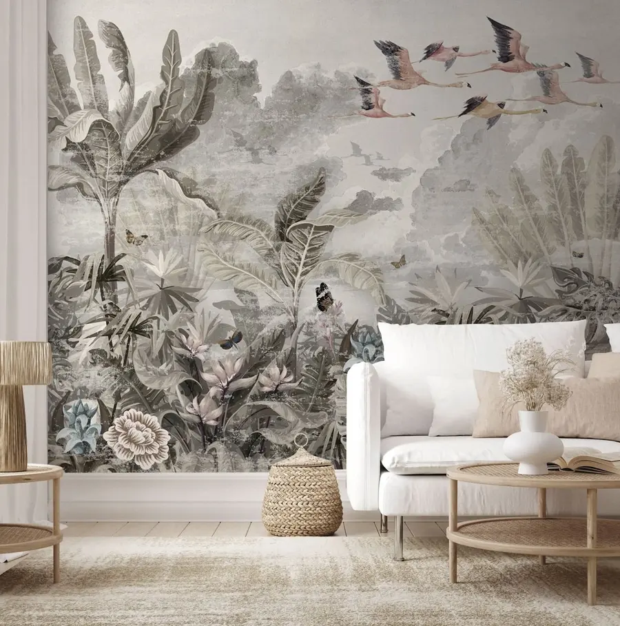 wall murals Flamingos fly over the jungle u73561