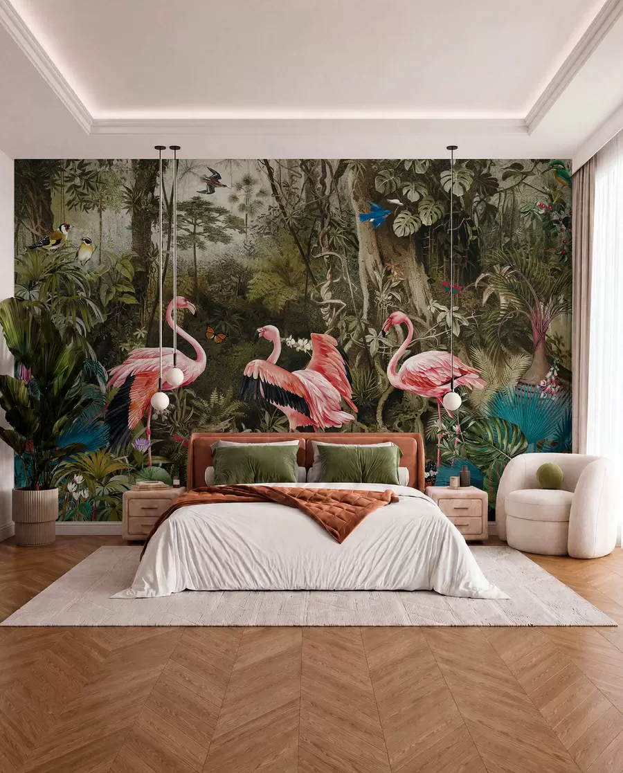 wall murals Tropical birds and flamingos in the jungle u73568