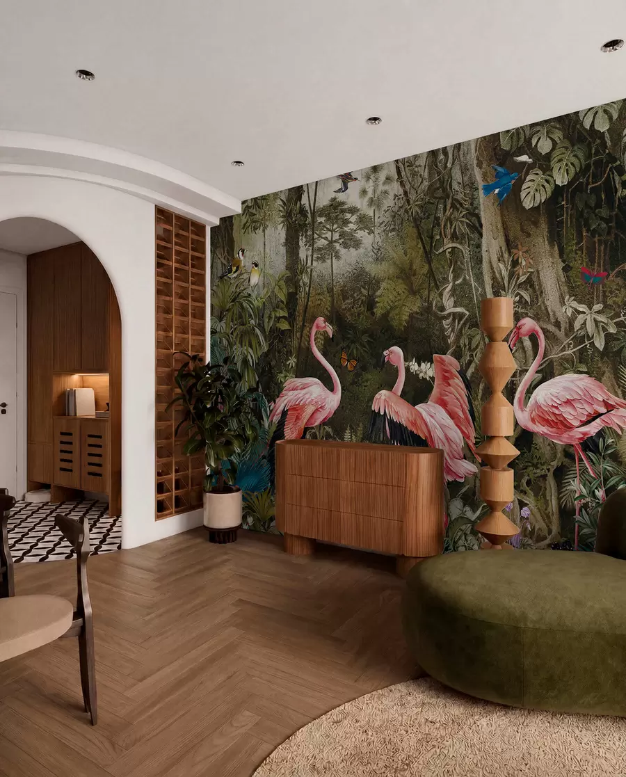 wall murals Tropical birds and flamingos in the jungle u73568