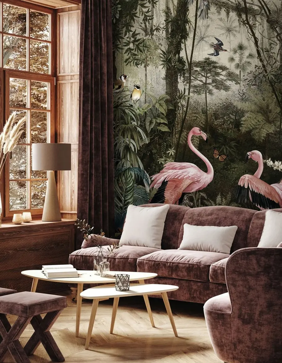 wall murals Tropical birds and flamingos in the jungle u73568