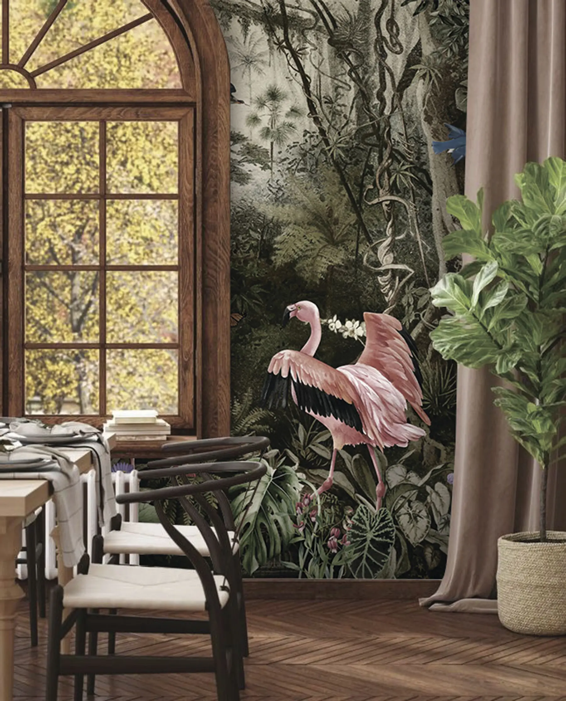 wall murals Tropical birds and flamingos in the jungle u73568