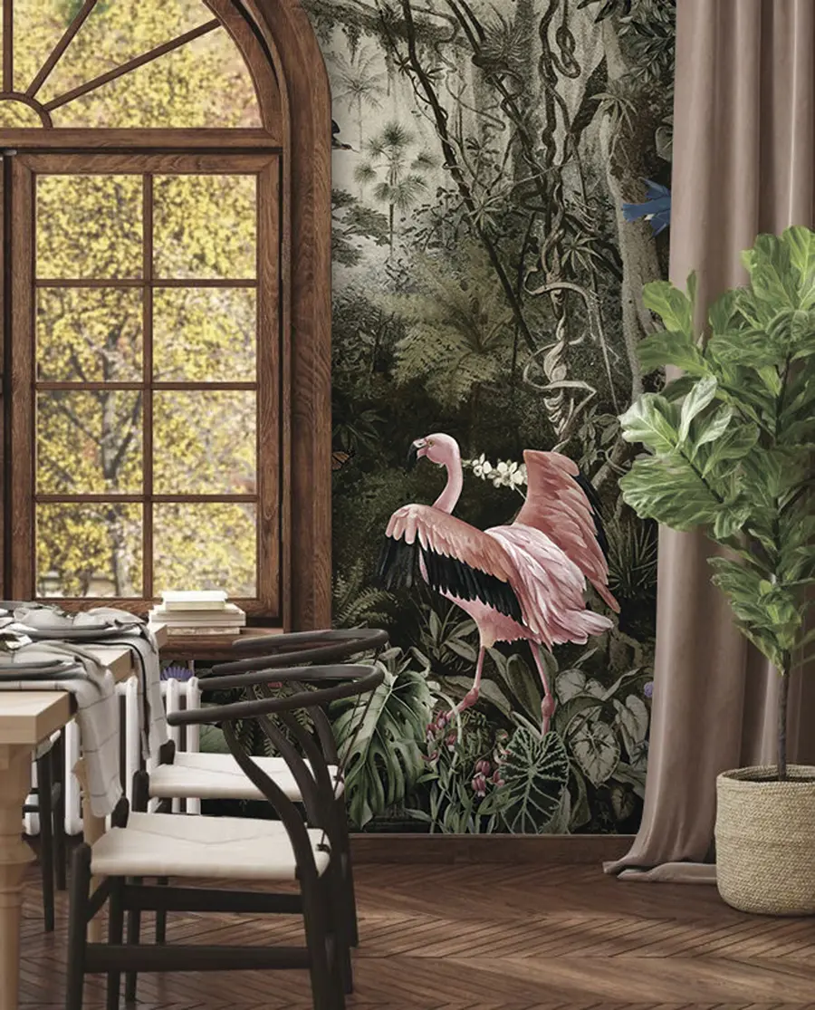 wall murals Tropical birds and flamingos in the jungle u73568