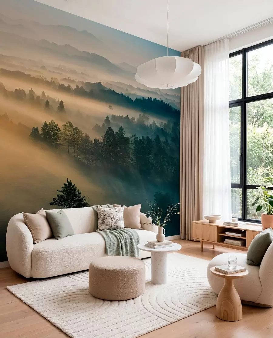 wall murals Rays of the sun and foggy forest u73864