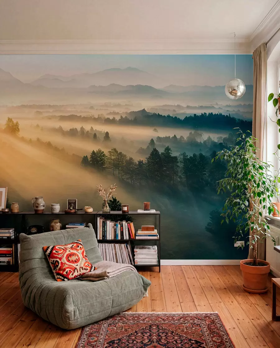 wall murals Rays of the sun and foggy forest u73864