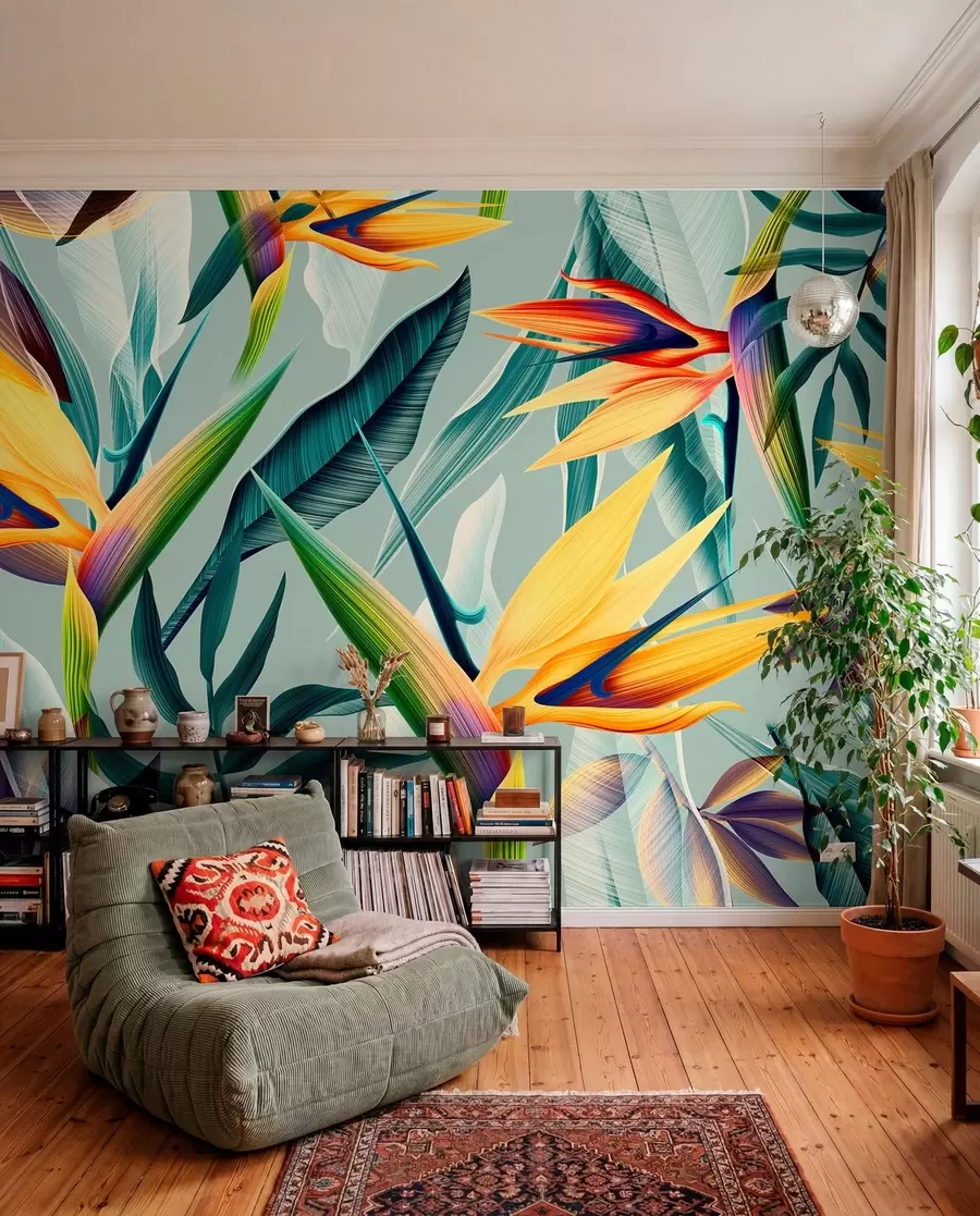 wall murals Trendy tropical plants and leaves in bright color u73960