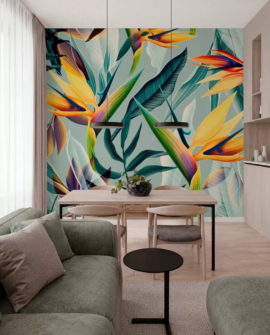 wall murals Trendy tropical plants and leaves in bright color u73960
