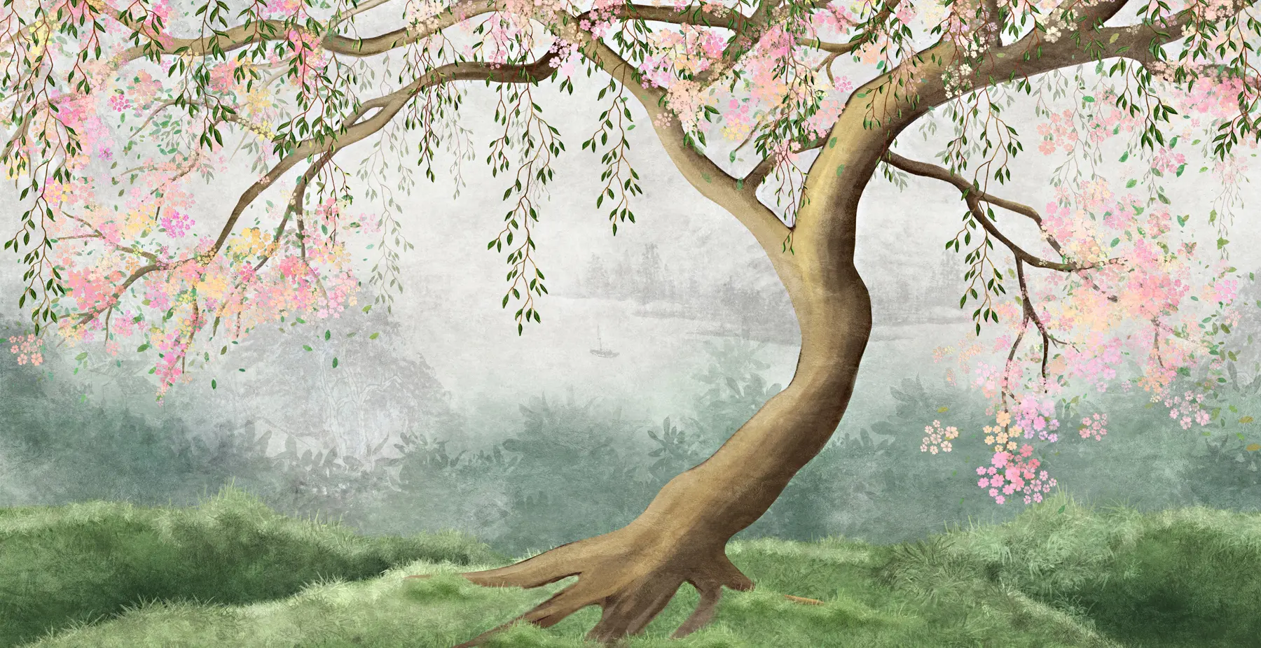 wall murals Flowering tree on the hill u93587