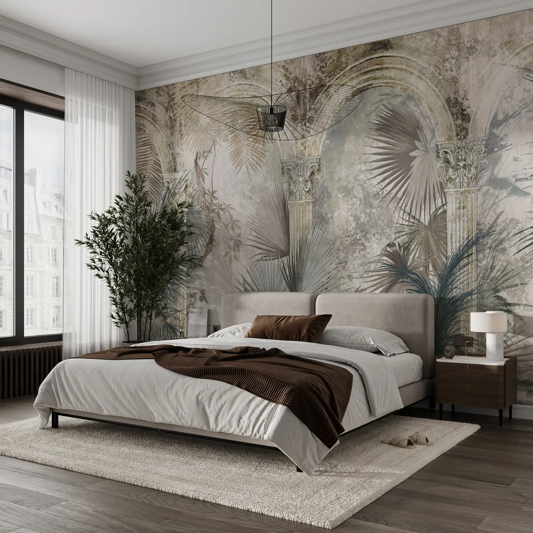 wall murals Among the columns are tropical, exotic plants and leaves u78667
