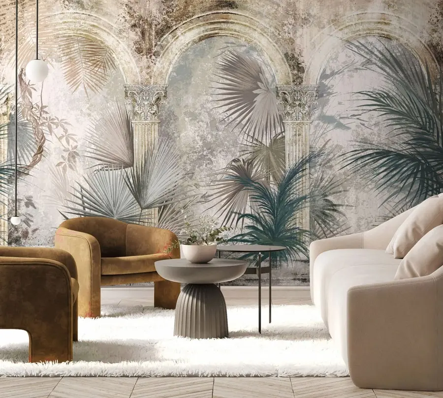 wall murals Among the columns are tropical, exotic plants and leaves u78667