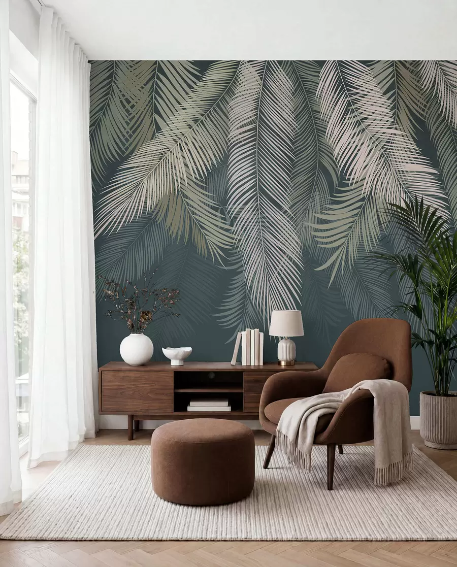 wall murals Palm Curtain on Deep Teal u48556v2