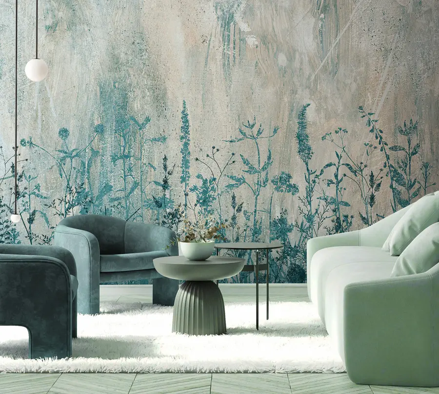wall murals Green plants on a concrete wall u93666