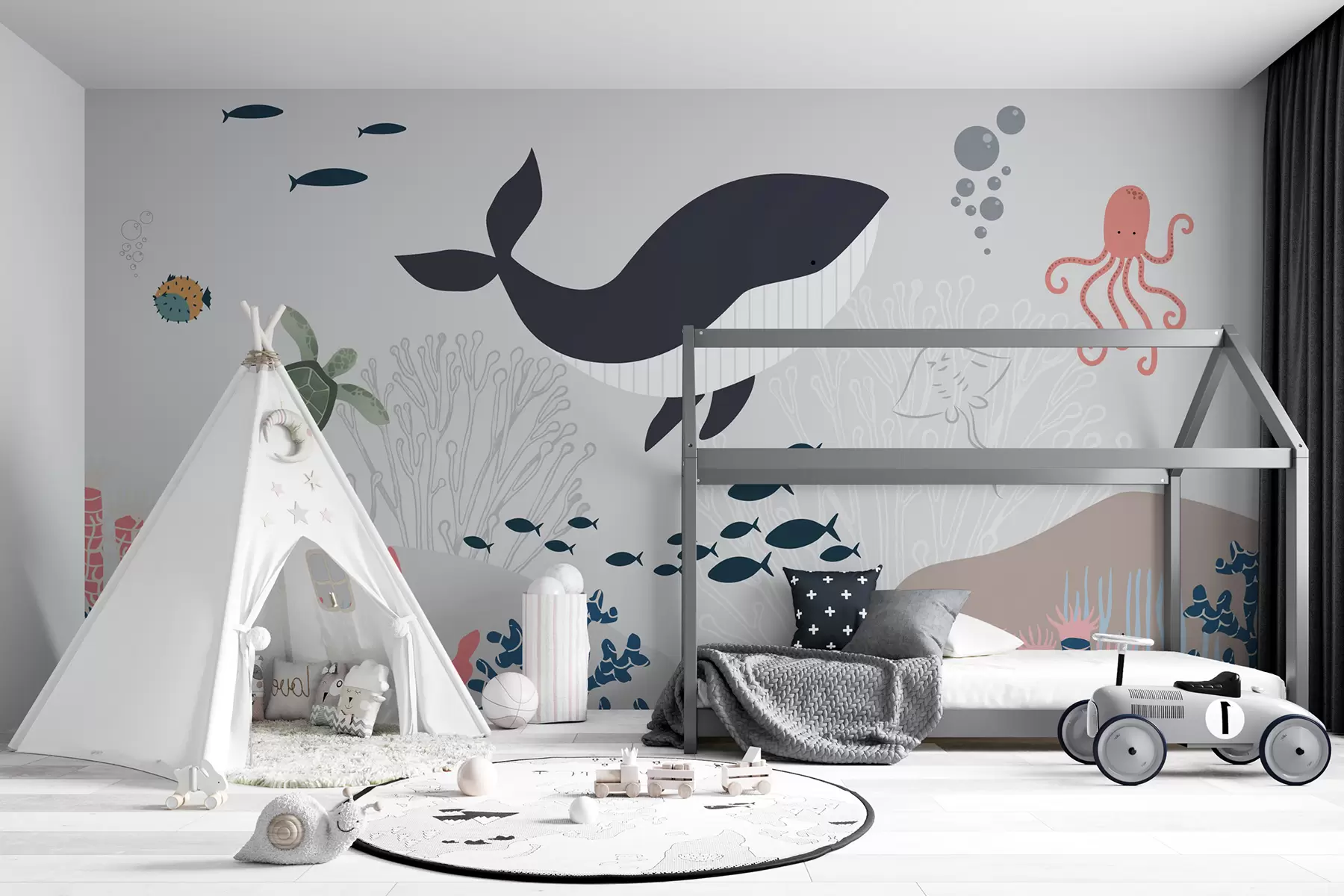 wall murals Whale underwater with underwater cute characters u93829