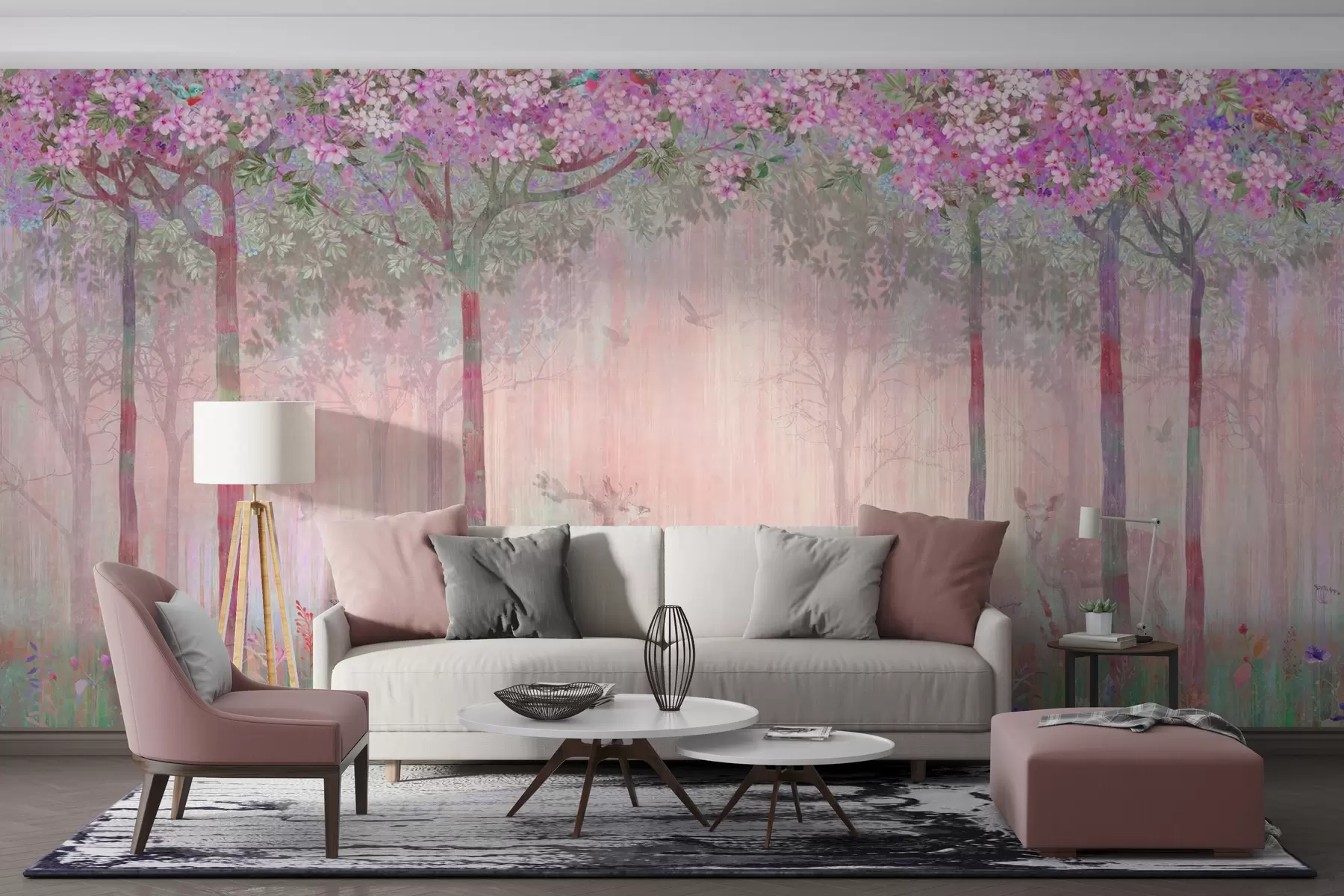 wall murals Flowering trees with long trunks, deer between the trees u62100v3