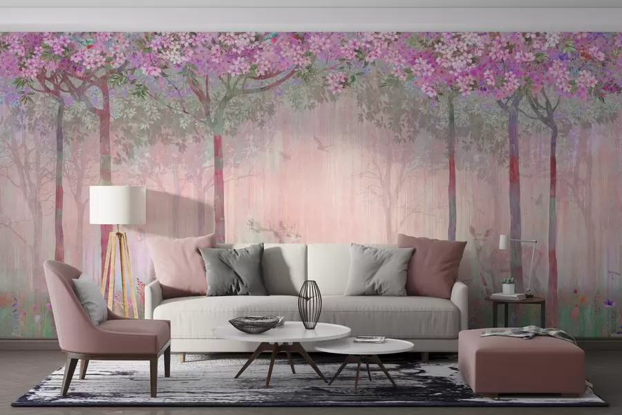wall murals Flowering trees with long trunks, deer between the trees u62100v3