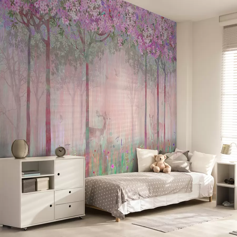 wall murals Flowering trees with long trunks, deer between the trees u62100v3