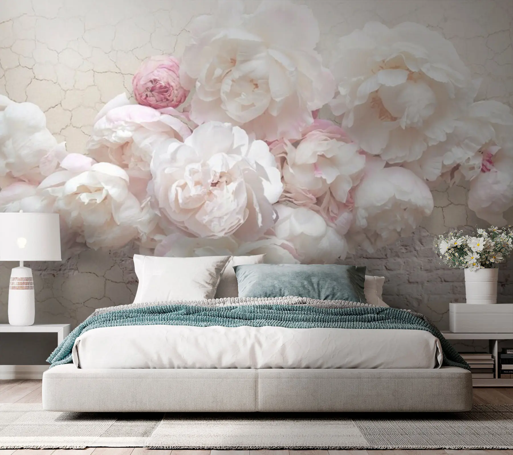 wall murals White peonies on a dilapidated wall u79549