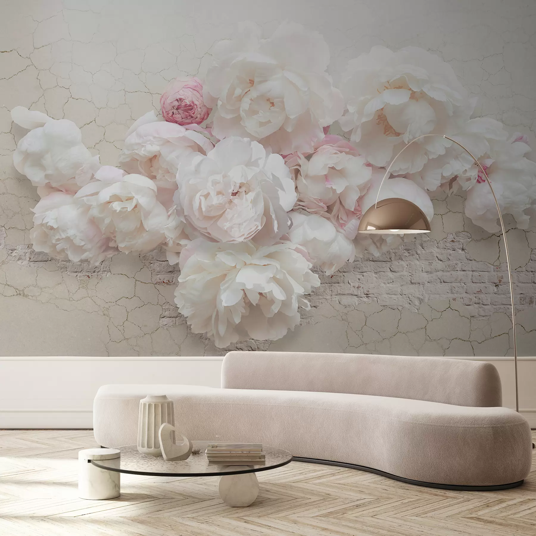 wall murals White peonies on a dilapidated wall u79549