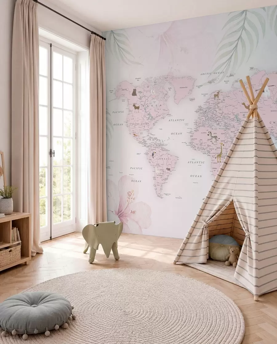 wall murals World Map for Girls in Pink style u79832