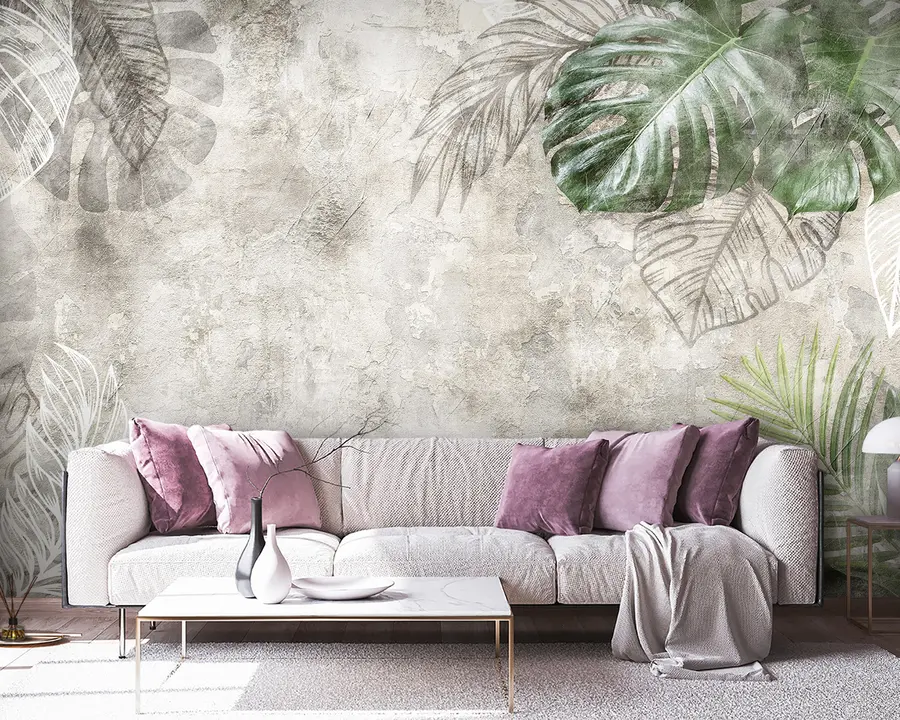 wall murals Tropical leaves on an aged wall u93964