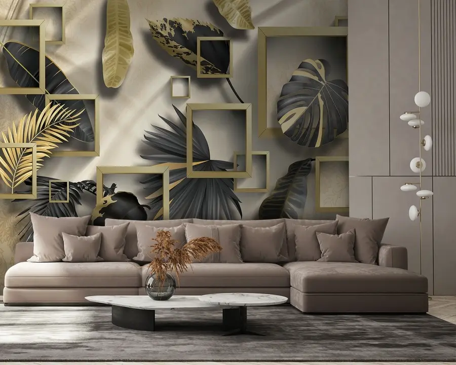 wall murals Tropical leaves against the background of brown rectangles u75342