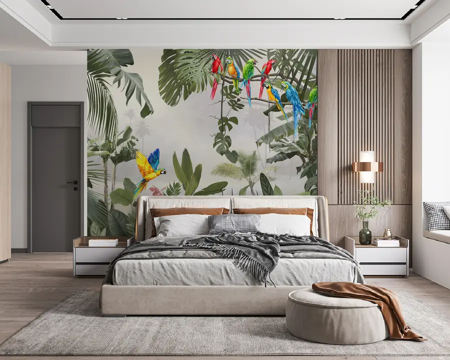 wall murals Parrots on branches in the tropical forest u94072