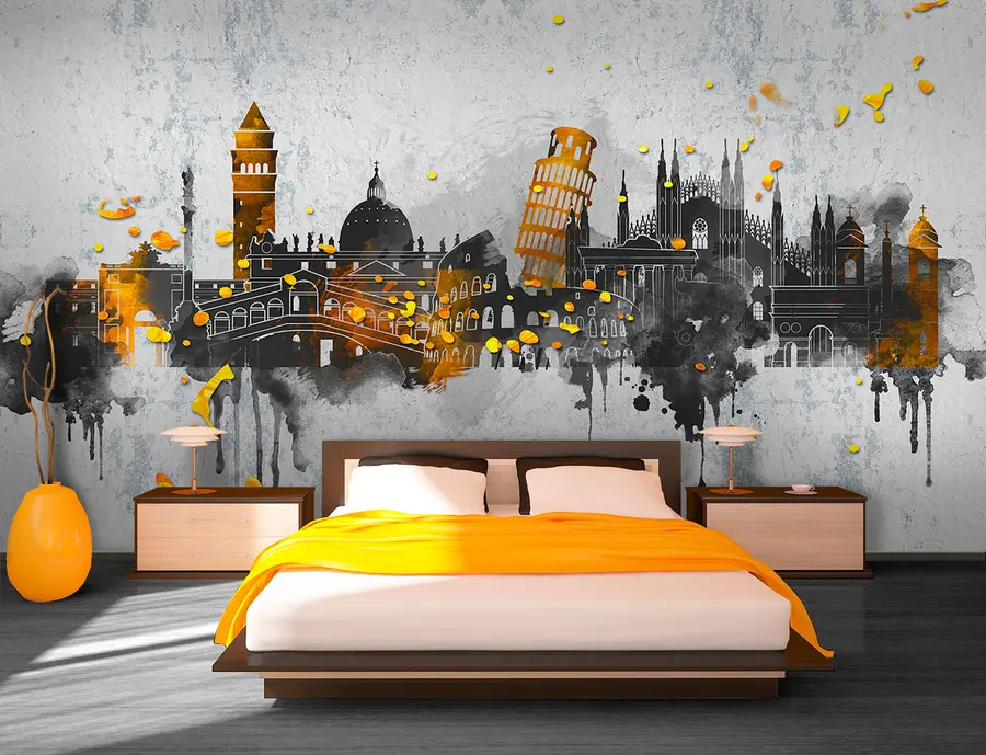 wall murals Dark silhouettes of attractions of famous cities u74881