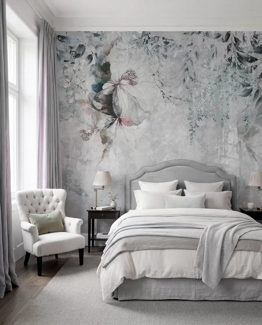 wall murals Grunge style with branches and white buds u74746
