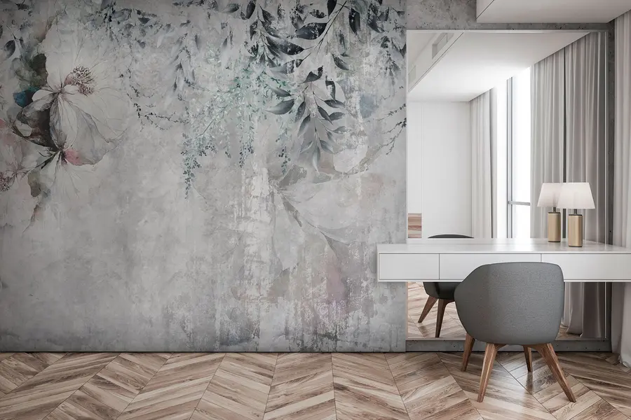 wall murals Grunge style with branches and white buds u74746