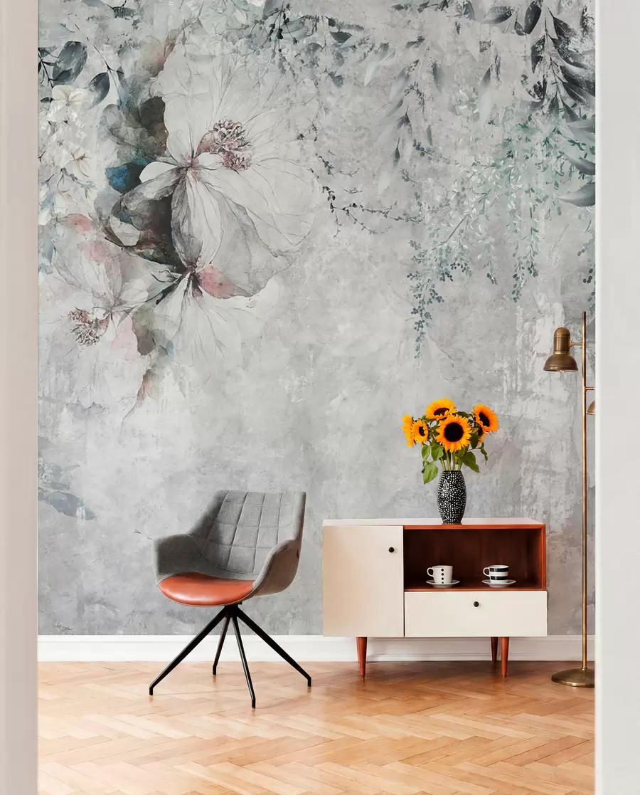 wall murals Grunge style with branches and white buds u74746