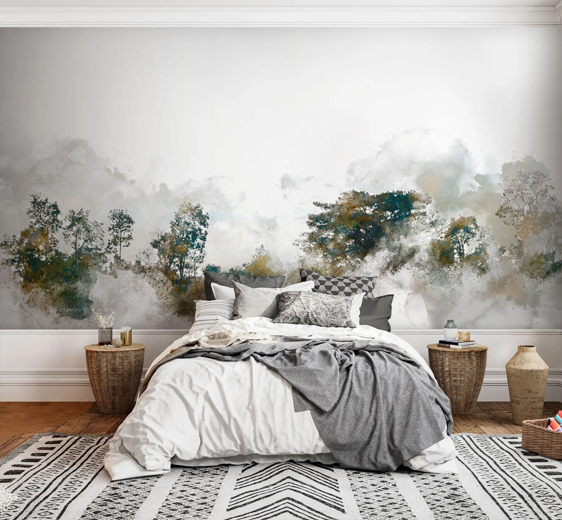 wall murals Watercolor landscape with watercolor paint tree u75377