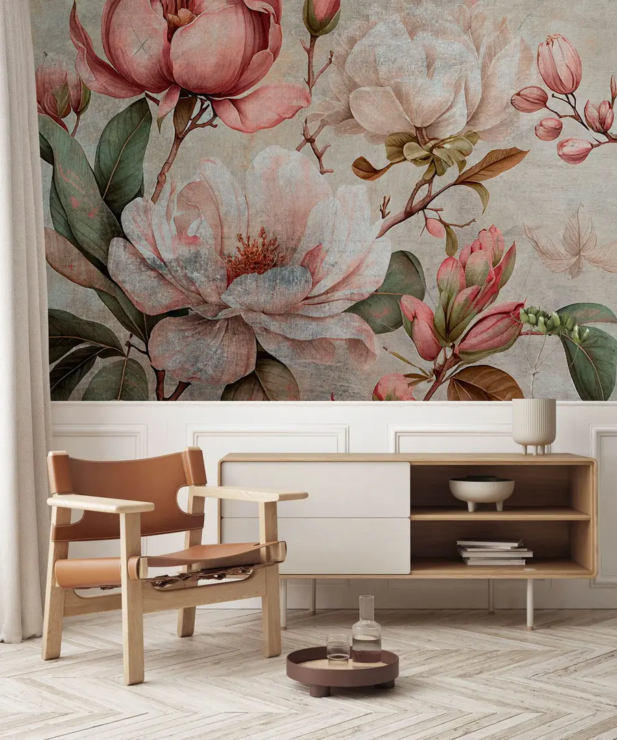 wall murals Watercolor peonies flowers and green leaves u75382