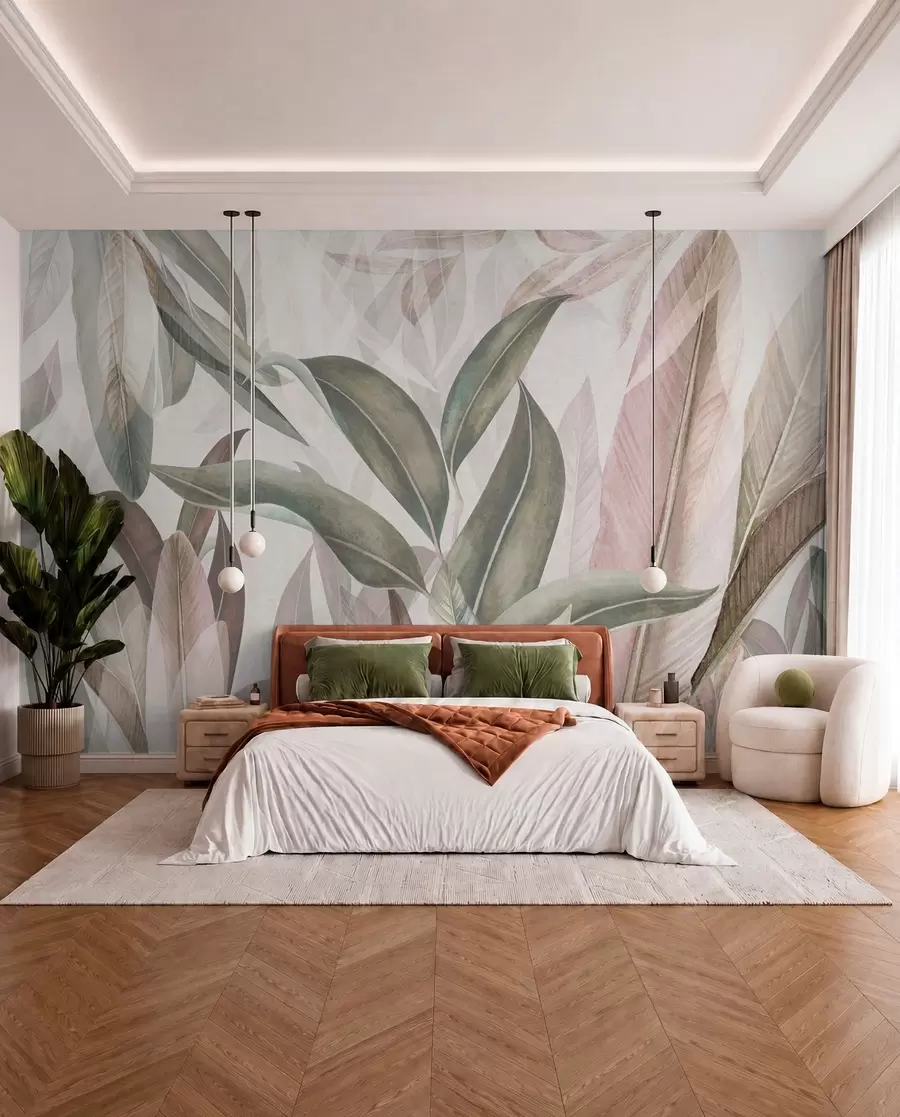 wall murals Green and Rose Palm Leaves u94302