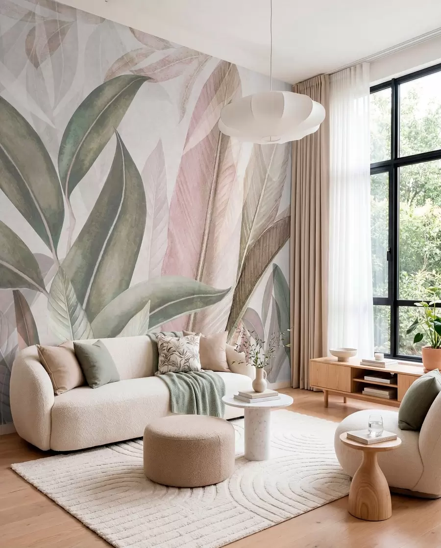 wall murals Green and pink palm leaves u94302