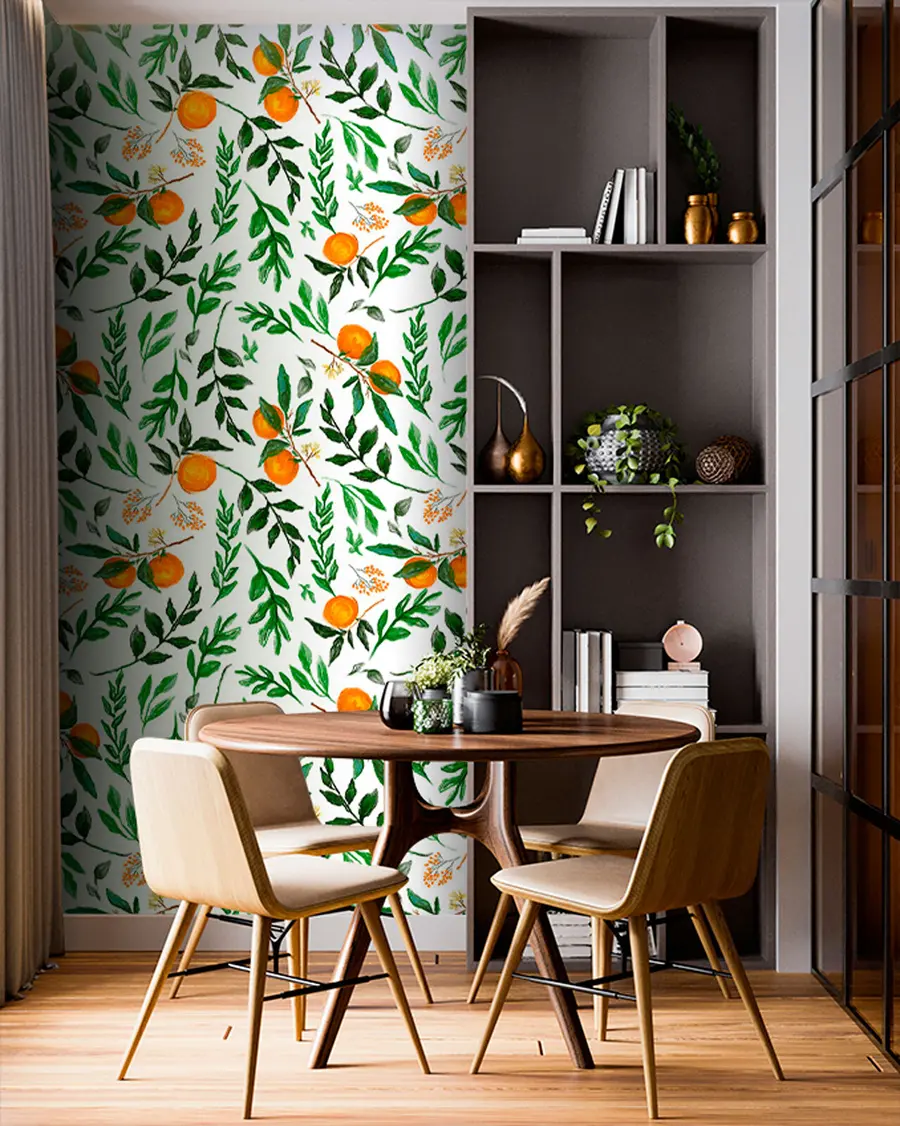 wall murals Orange pattern, wallpaper design with leaves and fruits u94333