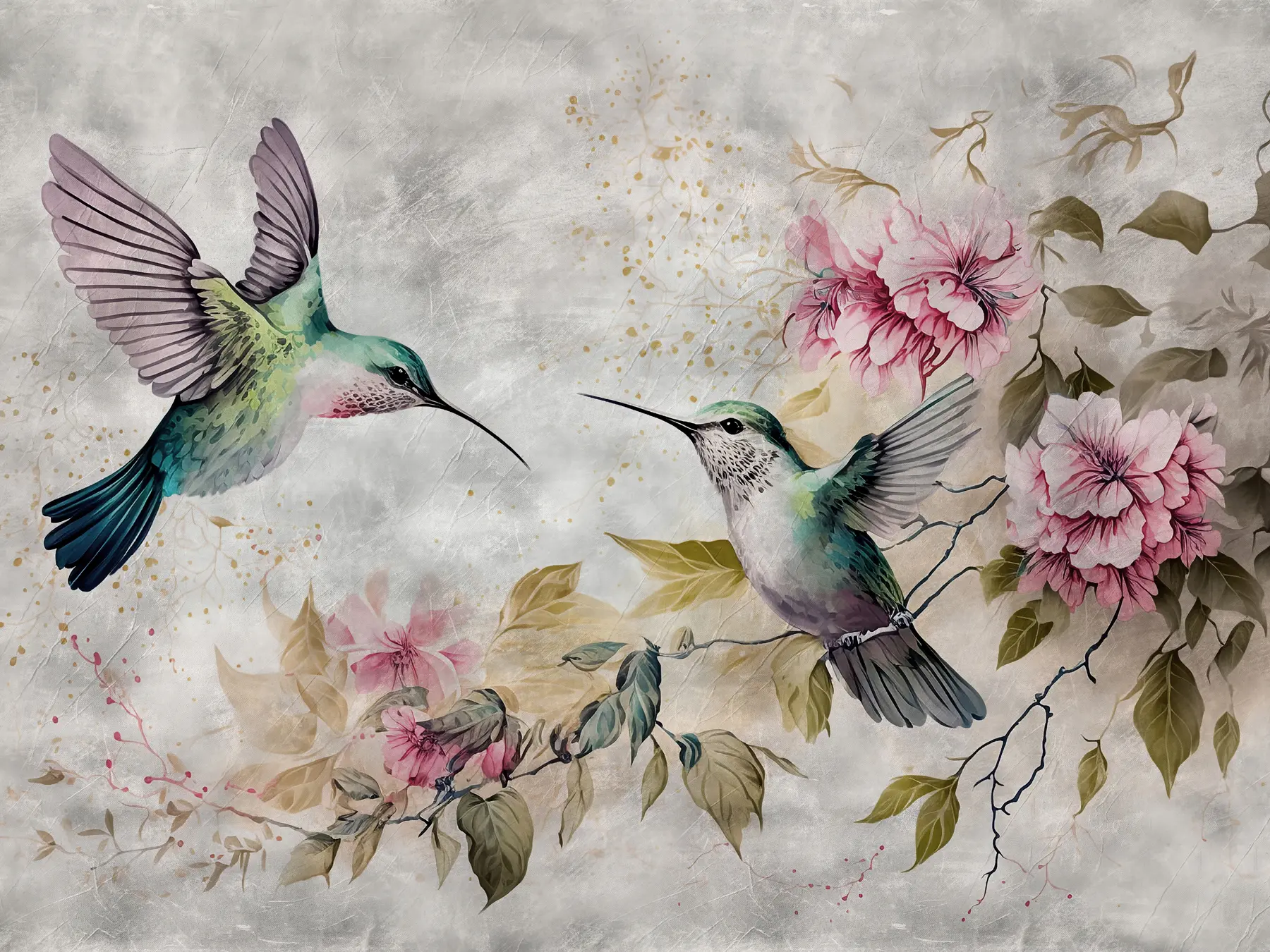 wall murals Watercolor hummingbirds on a branch u93994